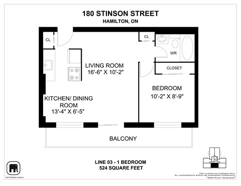 Floor plan for 1 bed, 1 bath, 521 sqft